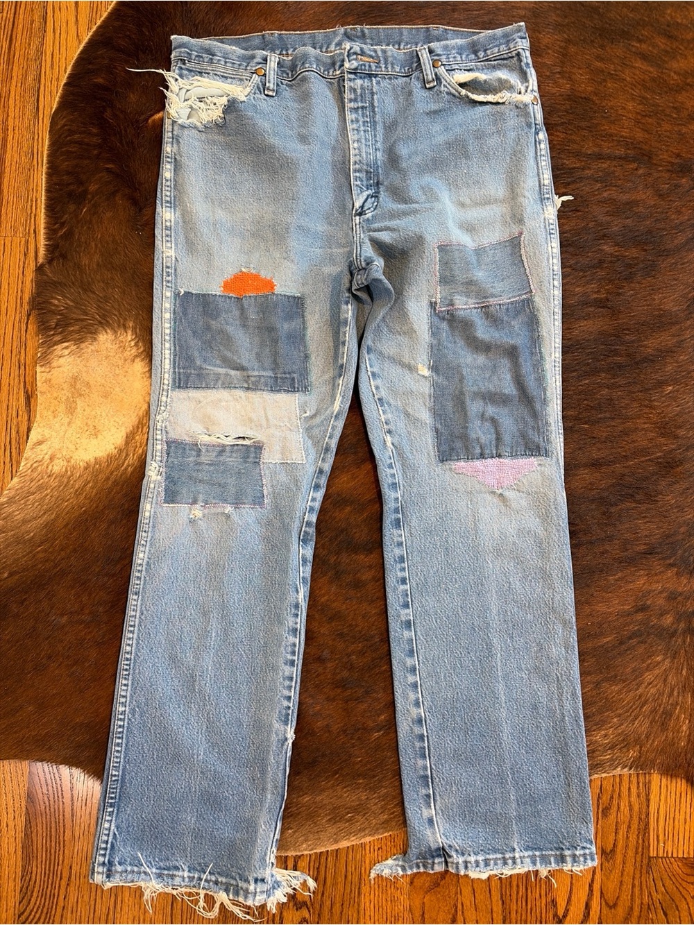Custom Upcycled Wrangler Jeans 38x32 Distressed Sashiko Patchwork Boro Boho Rip